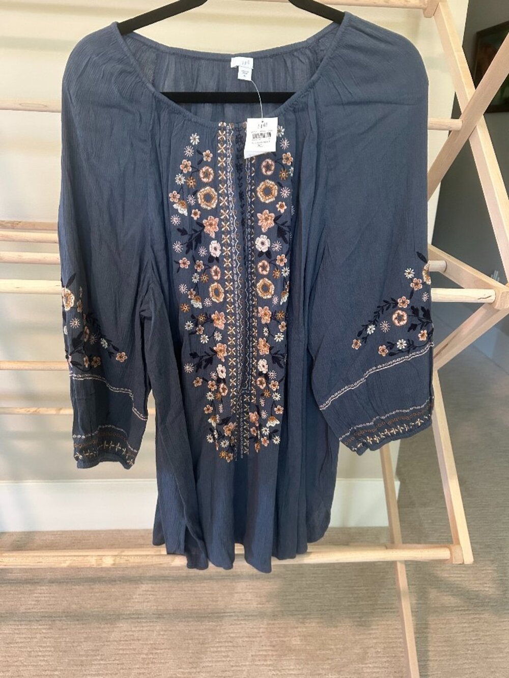 NWT J. Jill Blue Floral Embroidered Crinkle Gauze Peasant Blouse XL